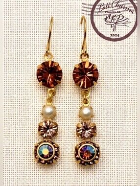 Pink Apricot Swarovski And Flower Crystals In Drop Gold Plated Earrings